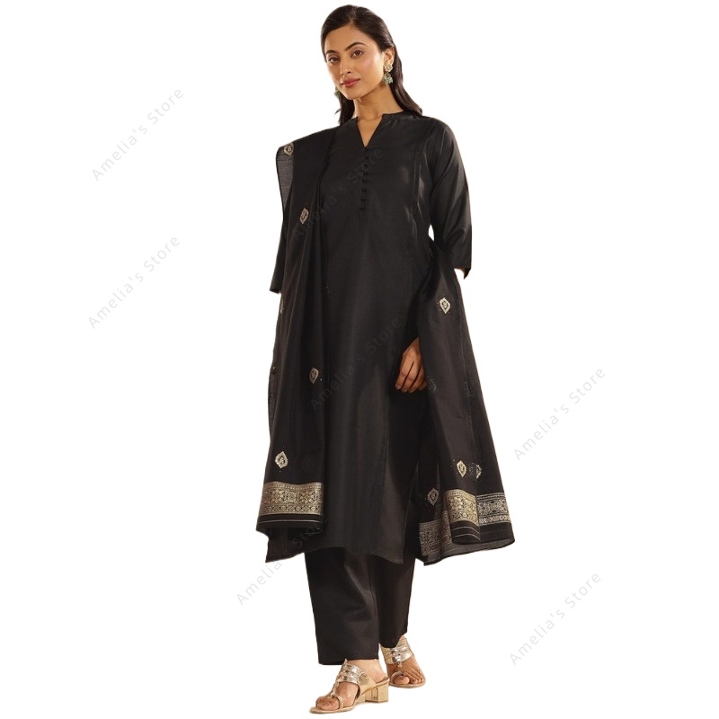 Women Formal Wear Ethnic - Women's Black Jacquard Kurta Pant Dupatta