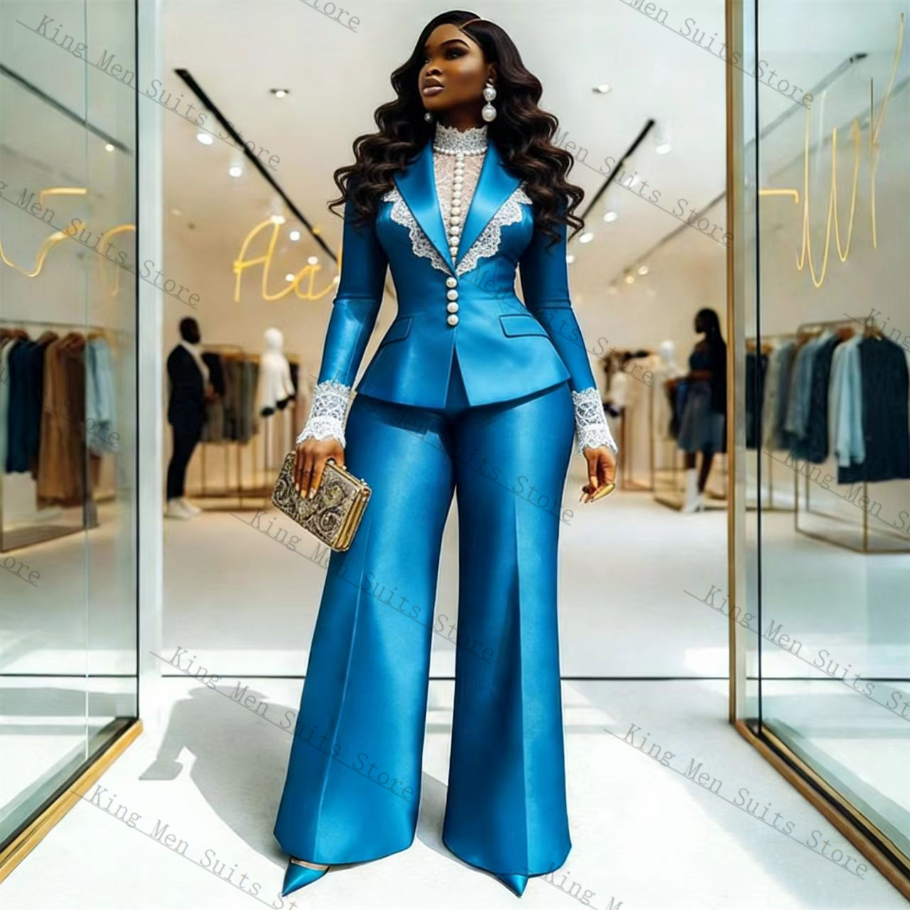 Blue Satin Lace Women Suit Set - Women Formal Wear Blazer Set recension och pris