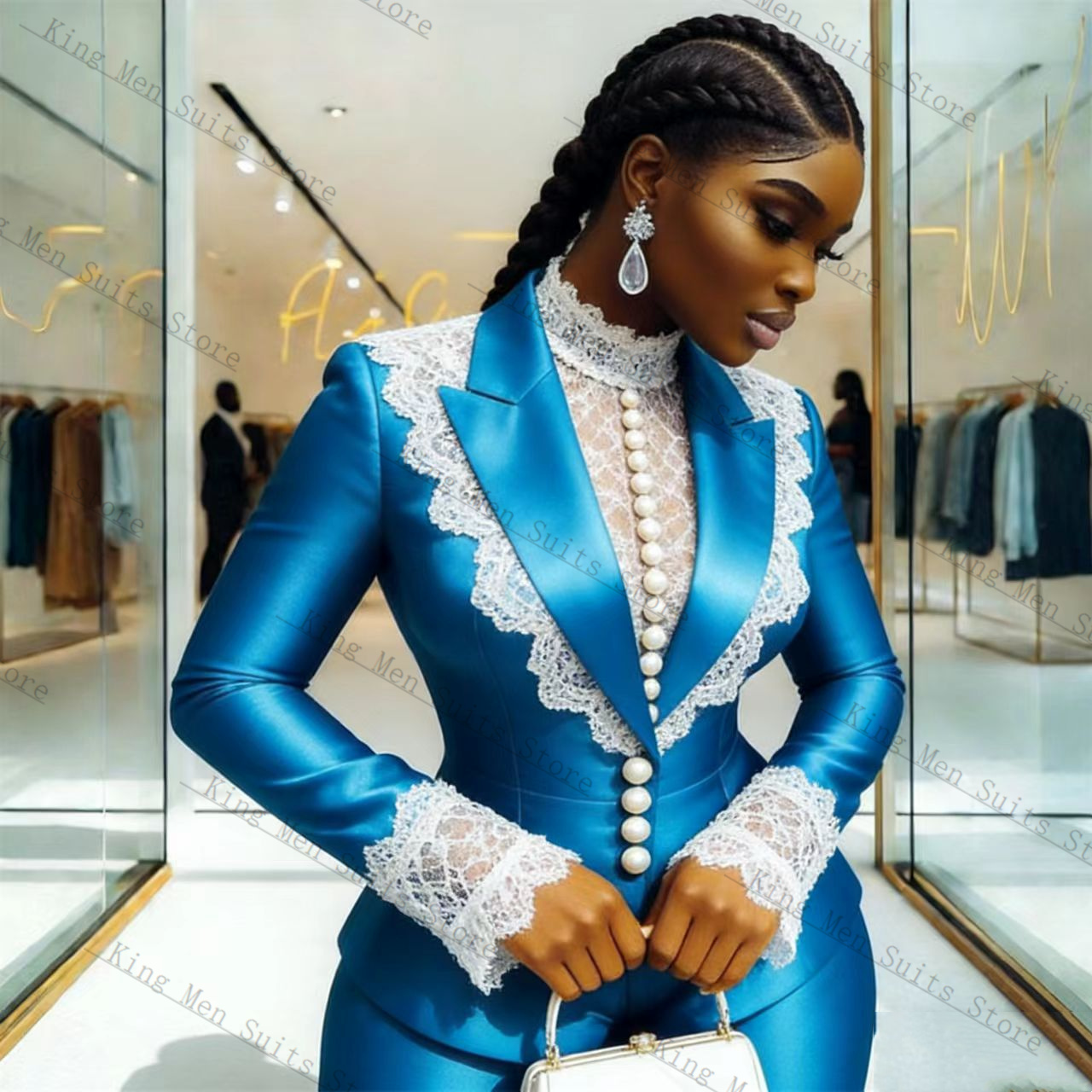 Blue Satin Lace Women Suit Set - Women Formal Wear Blazer Set recension och pris