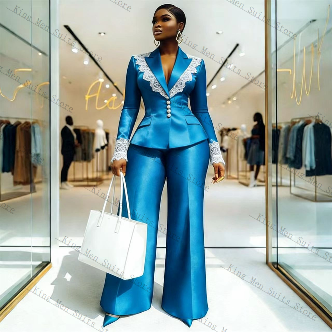 Blue Satin Lace Women Suit Set - Women Formal Wear Blazer Set recension och pris