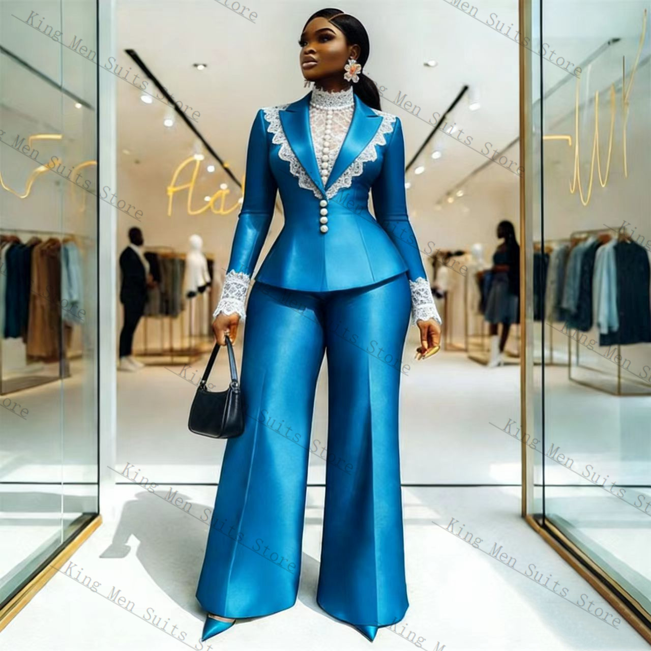 Blue Satin Lace Women Suit Set - Women Formal Wear Blazer Set recension och pris