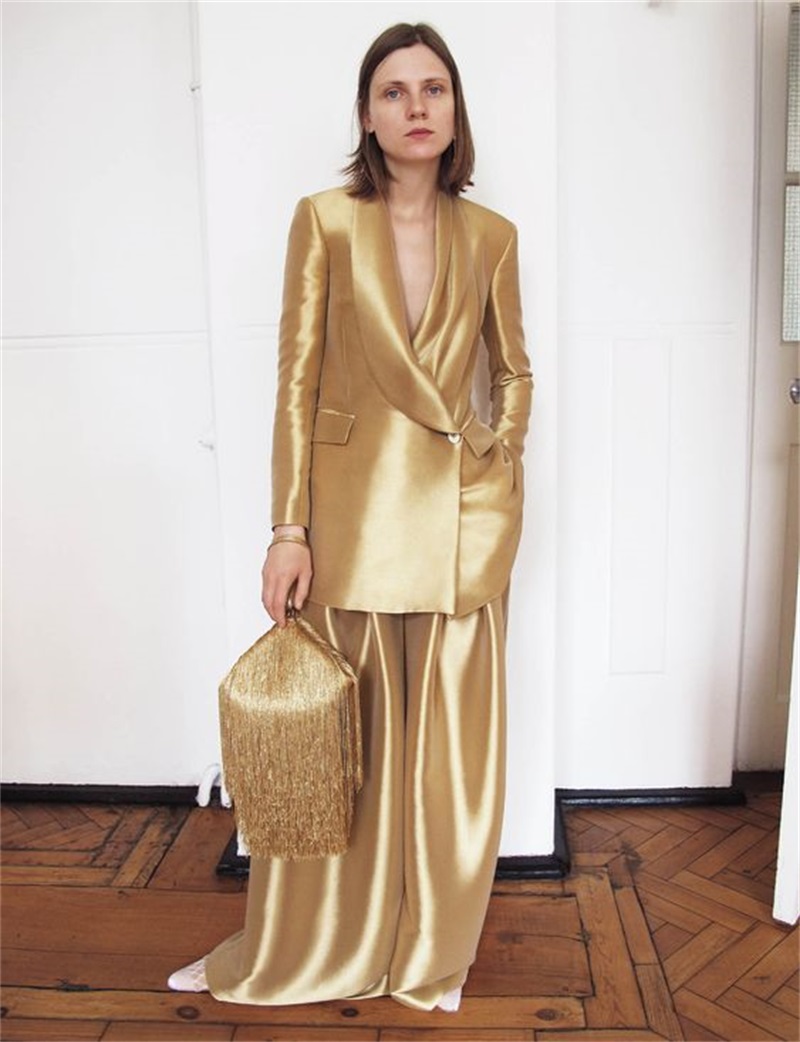 Gold Silk Satin Women Suits Of - Women Formal Wear Blazer Set recension och pris