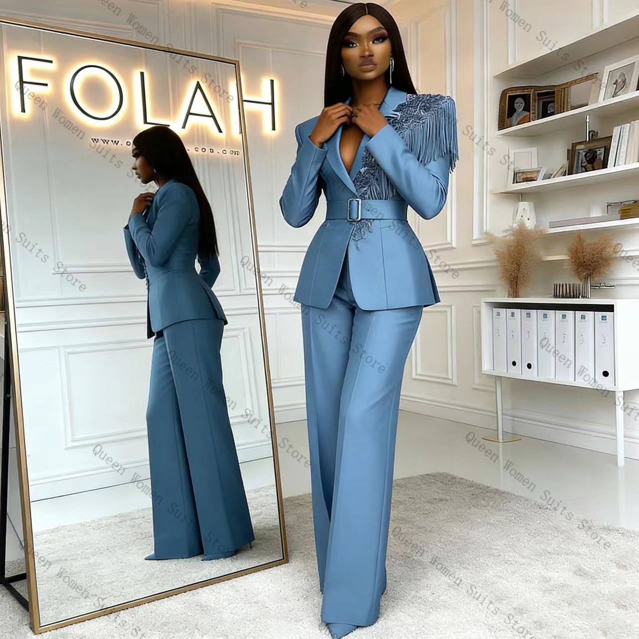 Tassel Blue Women Suit Pants S - Women Formal Wear Blazer Set recension och pris