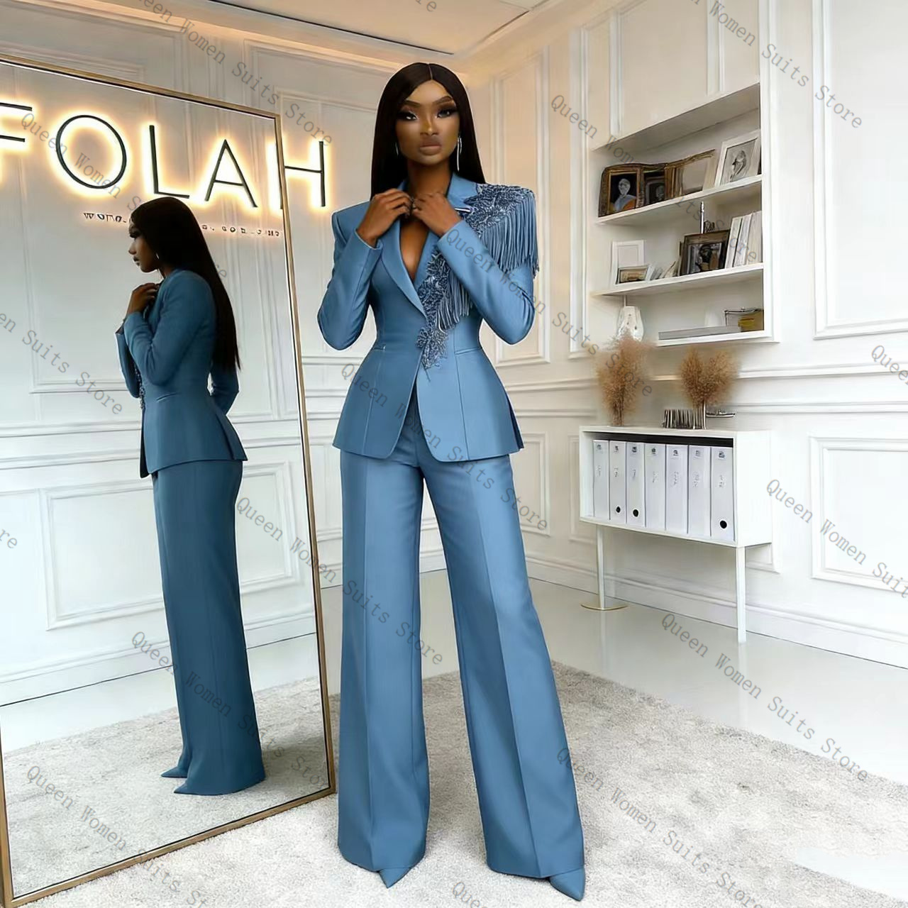 Tassel Blue Women Suit Pants S - Women Formal Wear Blazer Set recension och pris