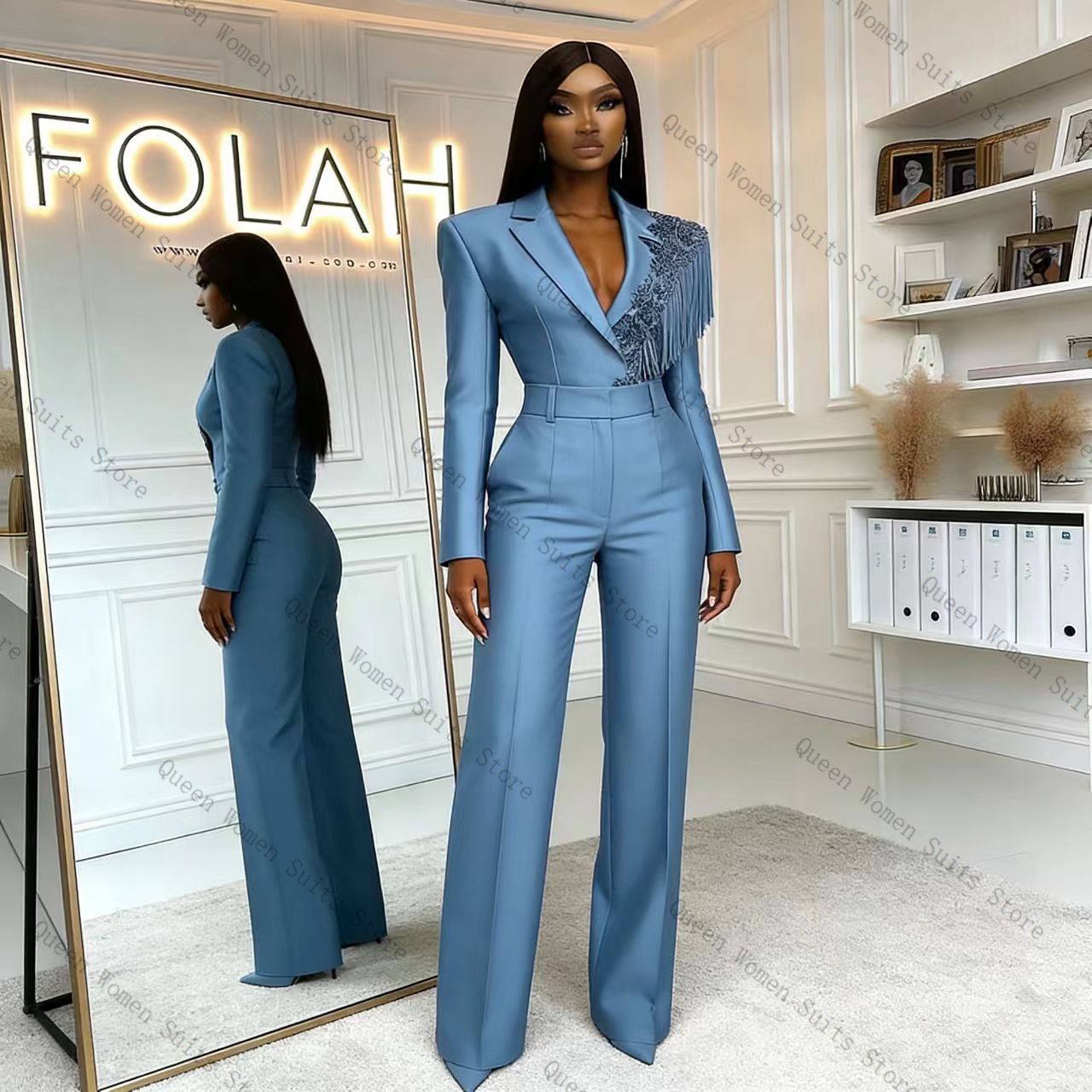 Tassel Blue Women Suit Pants S - Women Formal Wear Blazer Set recension och pris