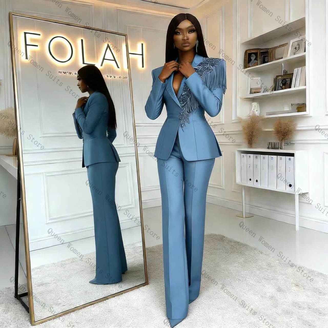 Tassel Blue Women Suit Pants S - Women Formal Wear Blazer Set recension och pris